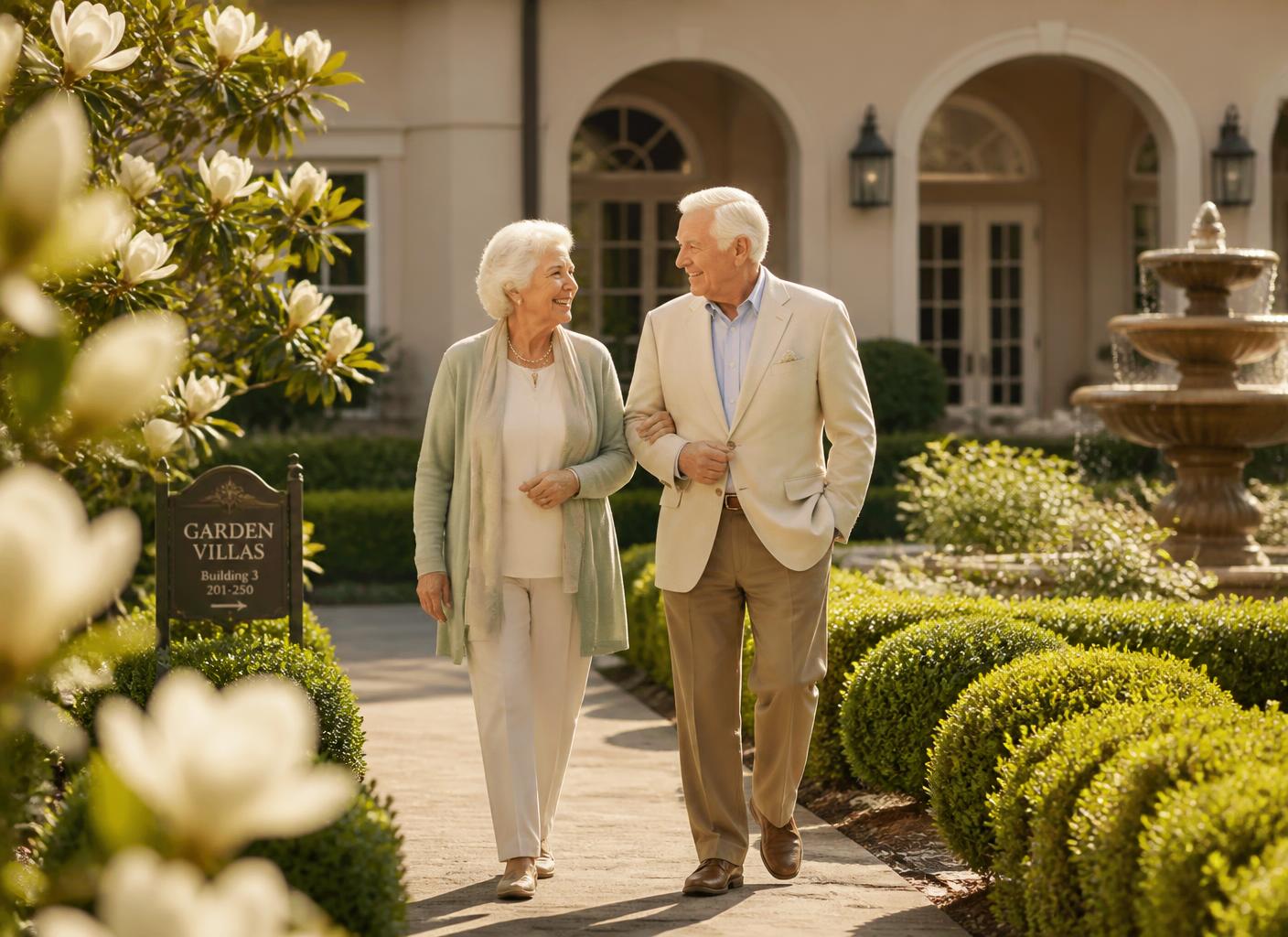 A senior couple walking together along a garden path
