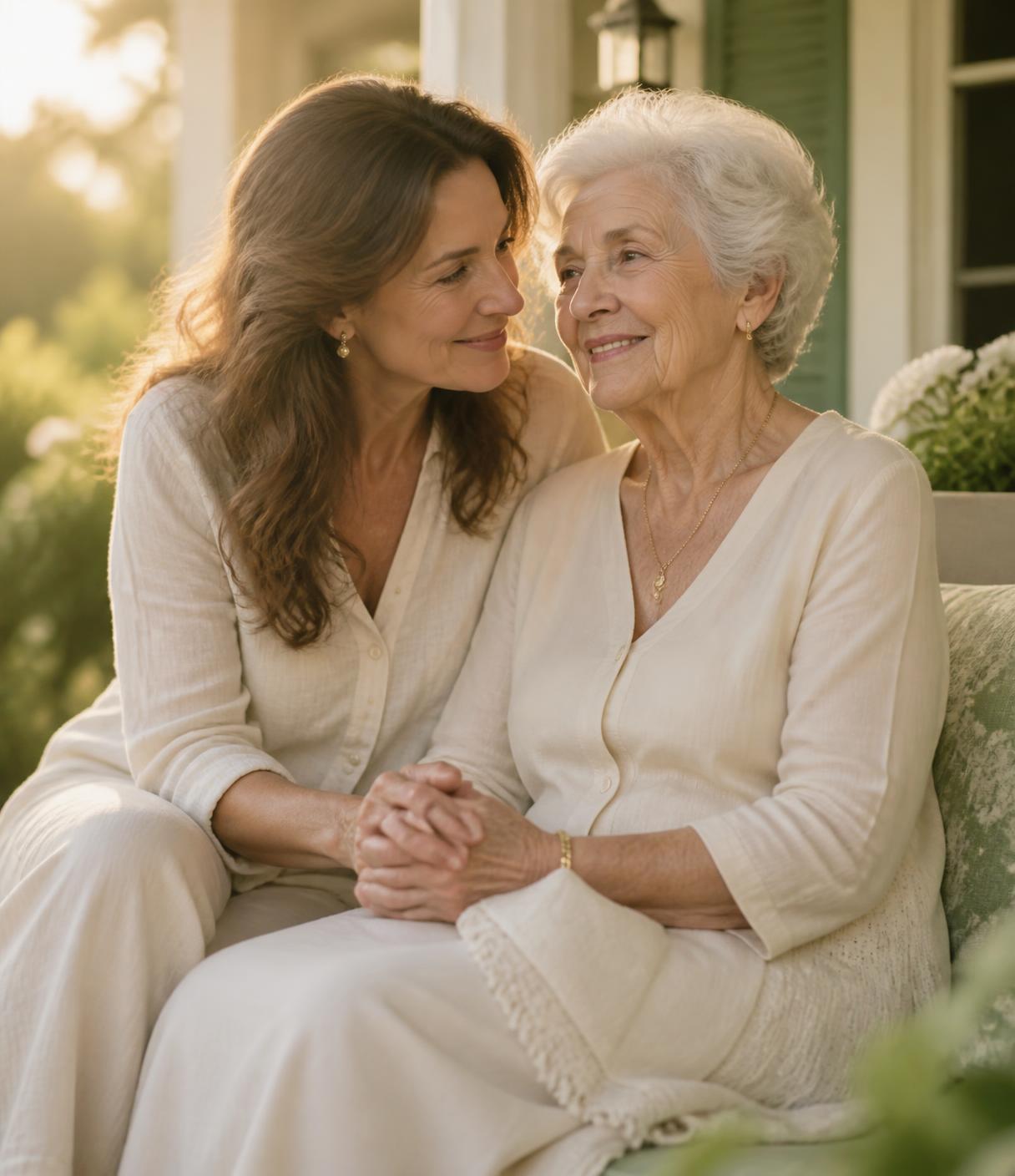 A daughter holding her mother's hands on a sunlit porch